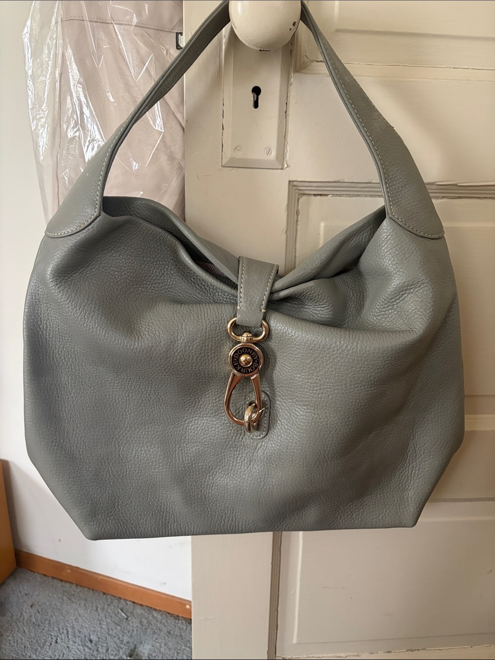 Dooney & Bourke Gray Pebbled Leather Shoulder Hobo with Gold Hardware